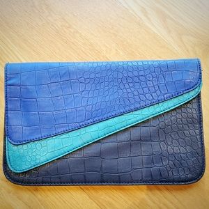 Blue Colorblock Folding Clutch with Snap Closure